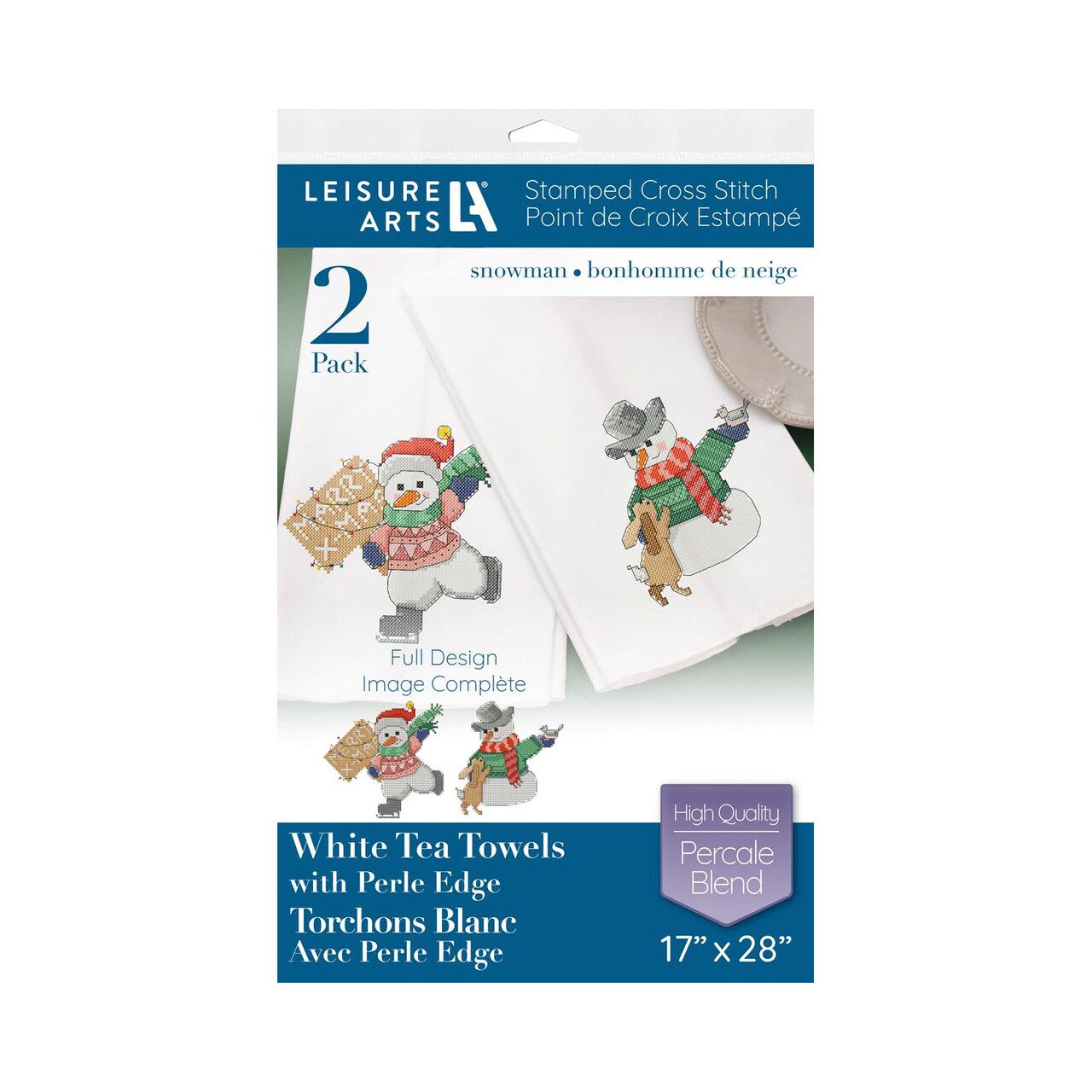 Leisure Arts Tea Towel 17"X28" Snowman 2Pc, Towel Set, Embroidery Kit, Bathroom Hand Towels, Kitchen Towel, Cross Stitch Kits, Stamped Cross Stitch Kits